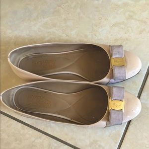 Blush pink and cream Ferragamo bow flats